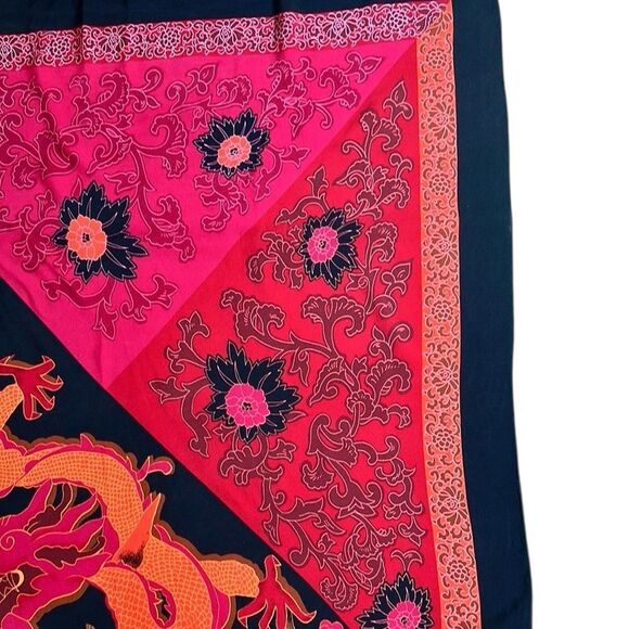 Diane Von Furstenberg Silk Scarf Asian Dragon Floral Black Magenta 34" DVF - Picture 9 of 14